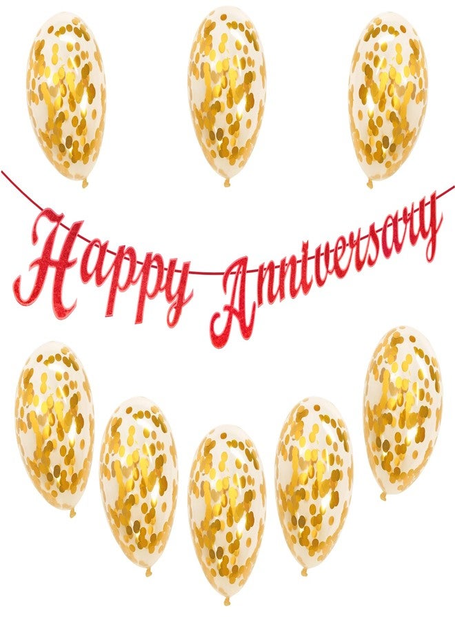 Flyloons Red Happy Anniversary Banner with Confetti Balloons Decoration Kit for Men Women 8 Pcs Gold Colour Confetti Meatallic Balloons Reusable Happy Wedding Anniversary Banner - Image 1